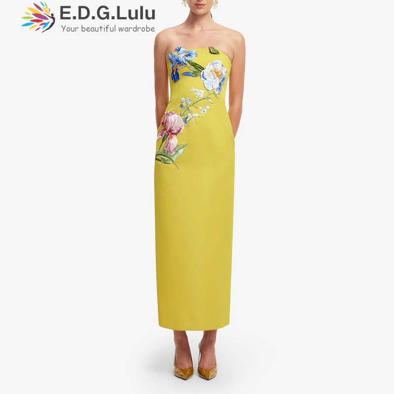 Embroidery Yellow Dress - EDGLuLu 3d Nakış Çiçek Straplez Elbise