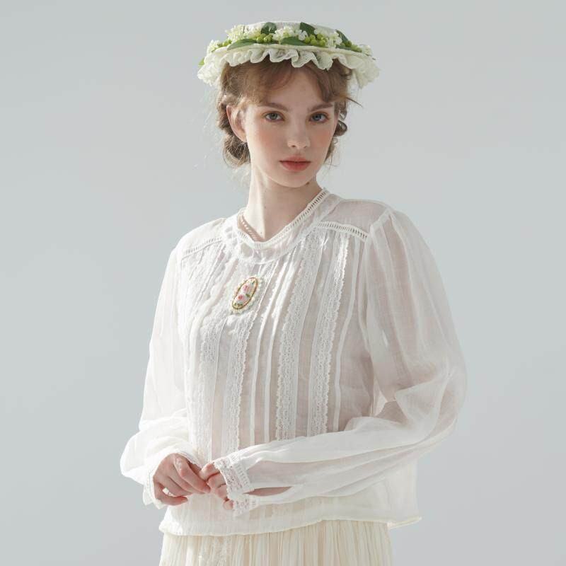 Embroidery Rose - 100cmBust %100 Ramie İnce Beyaz Bluz