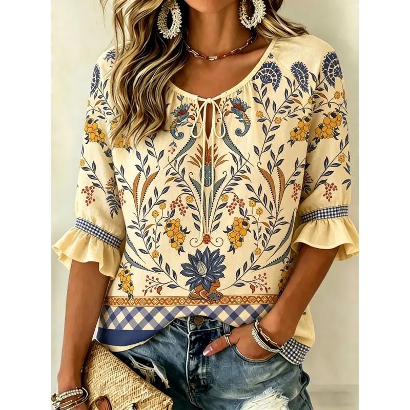 Embroidery Online - Kadın İlkbahar Yaz 3D Baskılı Bağcıklı
